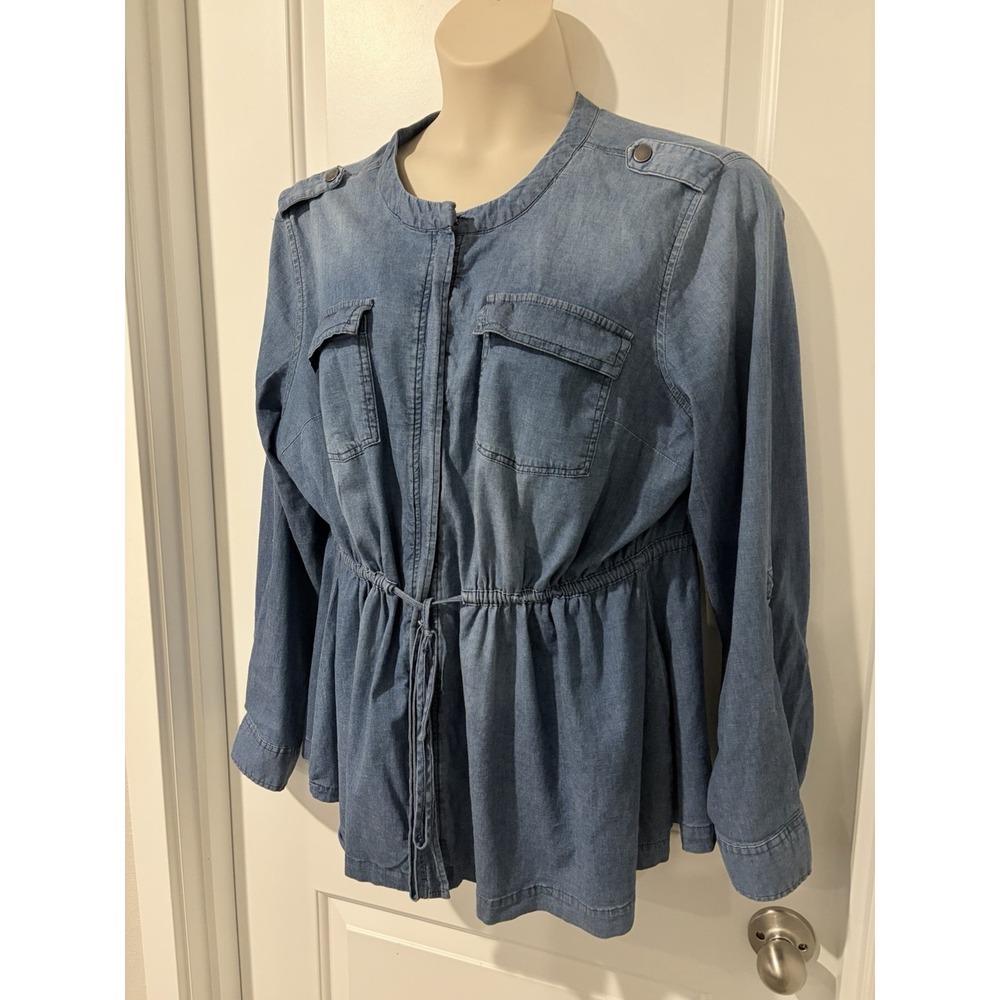Torrid Denim Drawstring Waist Utility Jacket~2XL~Faded Blue Chambray Roll-Tab Sl